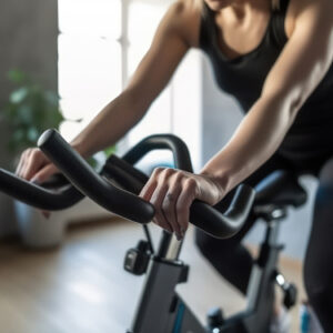 Woman on stationary exercise bike, focused on maintaining a healthy lifestyle and improving her physical fitness by engaging in cardiovascular workouts